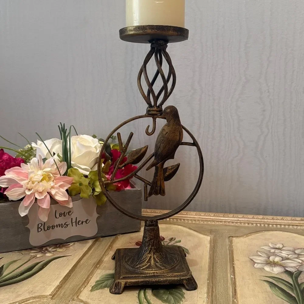 Bird & Leaf Design Brass Tone Finish Metal Candle Holder